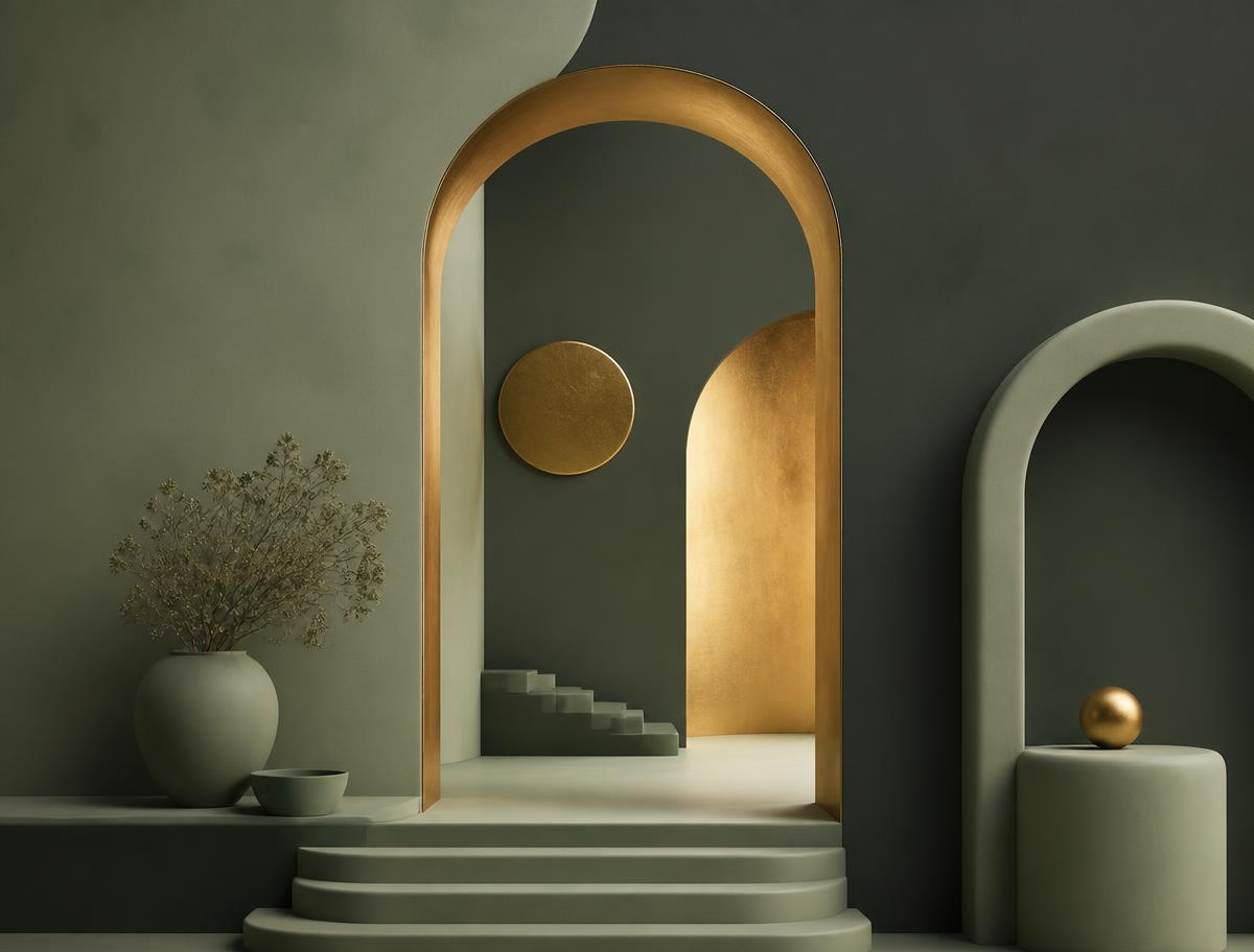 Abstract clay render of soft green and gold architectural thresholds